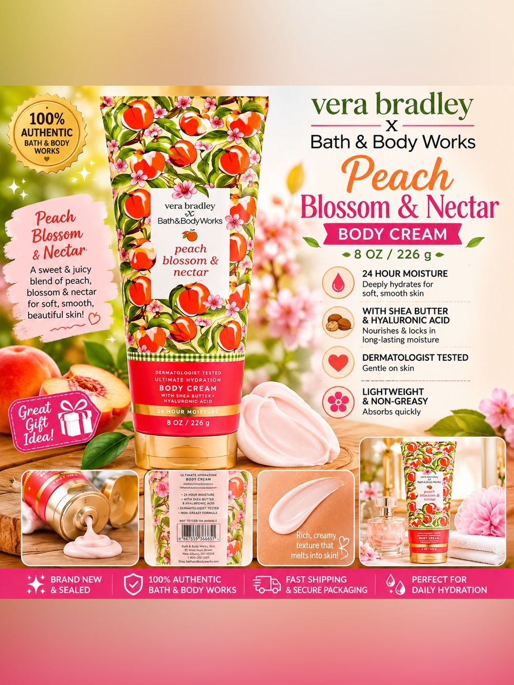 Vera Bradley x Bath & Body Works Peach Blossom & Nectar Body Cream 8 Oz